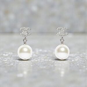CHANEL Authentic Silver Crystal CC Faux Pearl Drop Earrings with Box